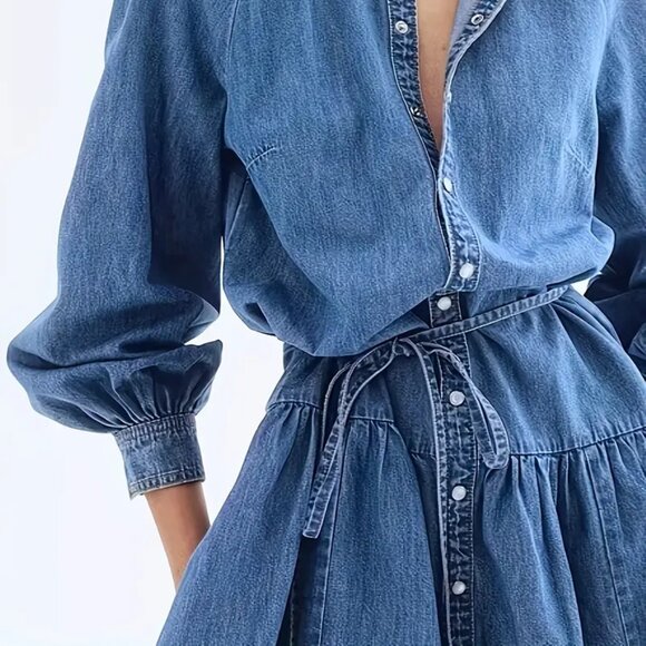 Lantern Sleeve Waist Tie Denim Dress - Picture 5 of 6